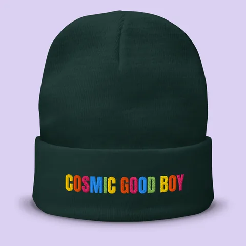 Cuffed knit beanie with COSMIC GOOD BOY embroidered in five thread colours