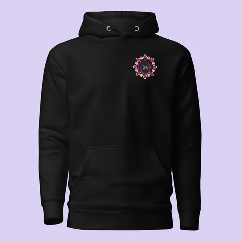 Premium Hoodie with the Disco Pup dog badge